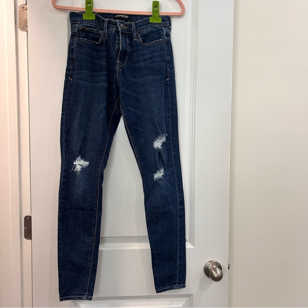 Express Women's Dark Blue Ripped Skinny Jeans